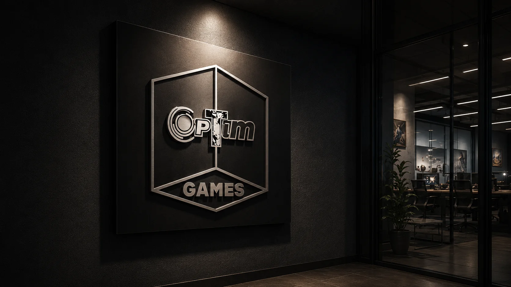 OptimGames studio office with the OptimGames emblem on a gray wall
