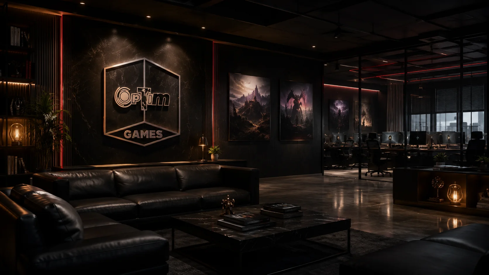 OptimGames studio lounge and development workspace